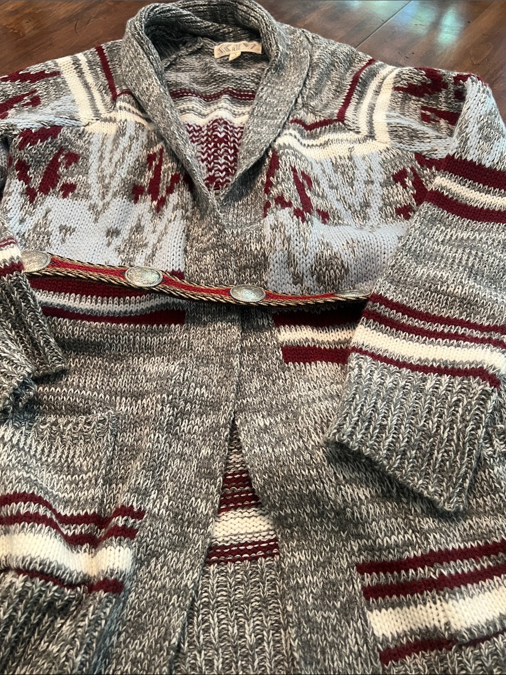 Pink Rose Gray & Burgundy Shawl-Collar Knit Cardigan